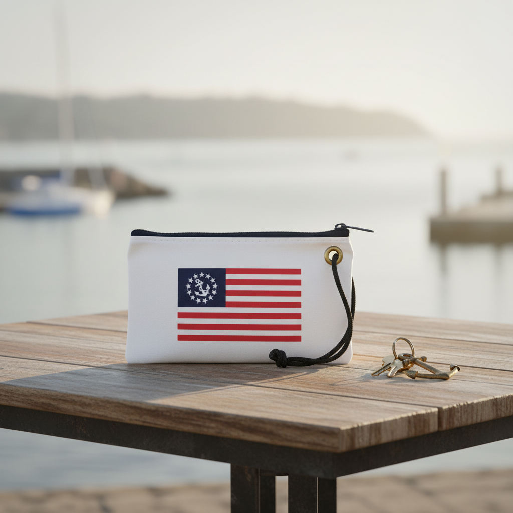 White pouch with American flag design on a wooden table by a waterfront.