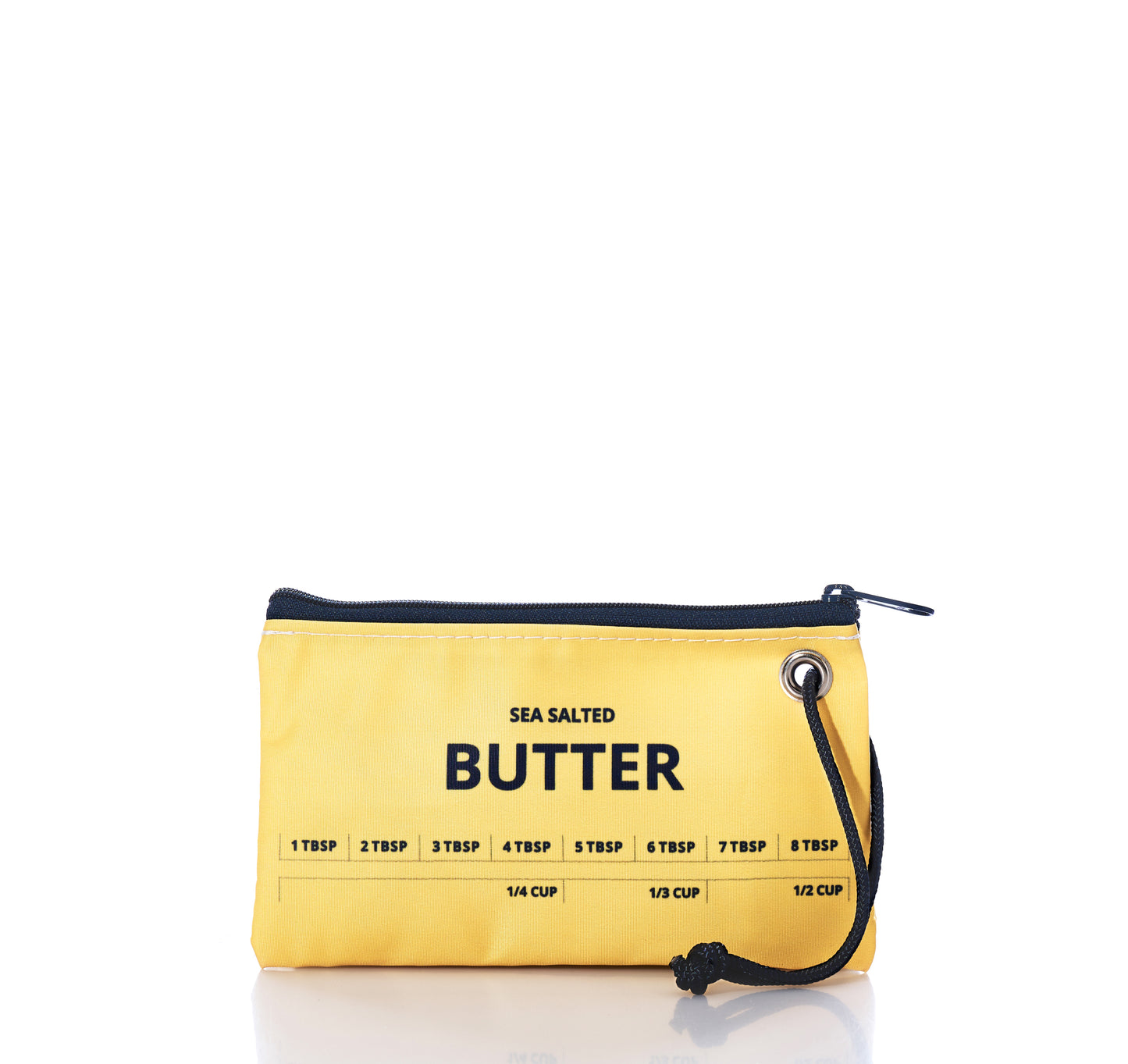Yellow pouch with 'Sea Salted Butter' text and measurement markings on a white background