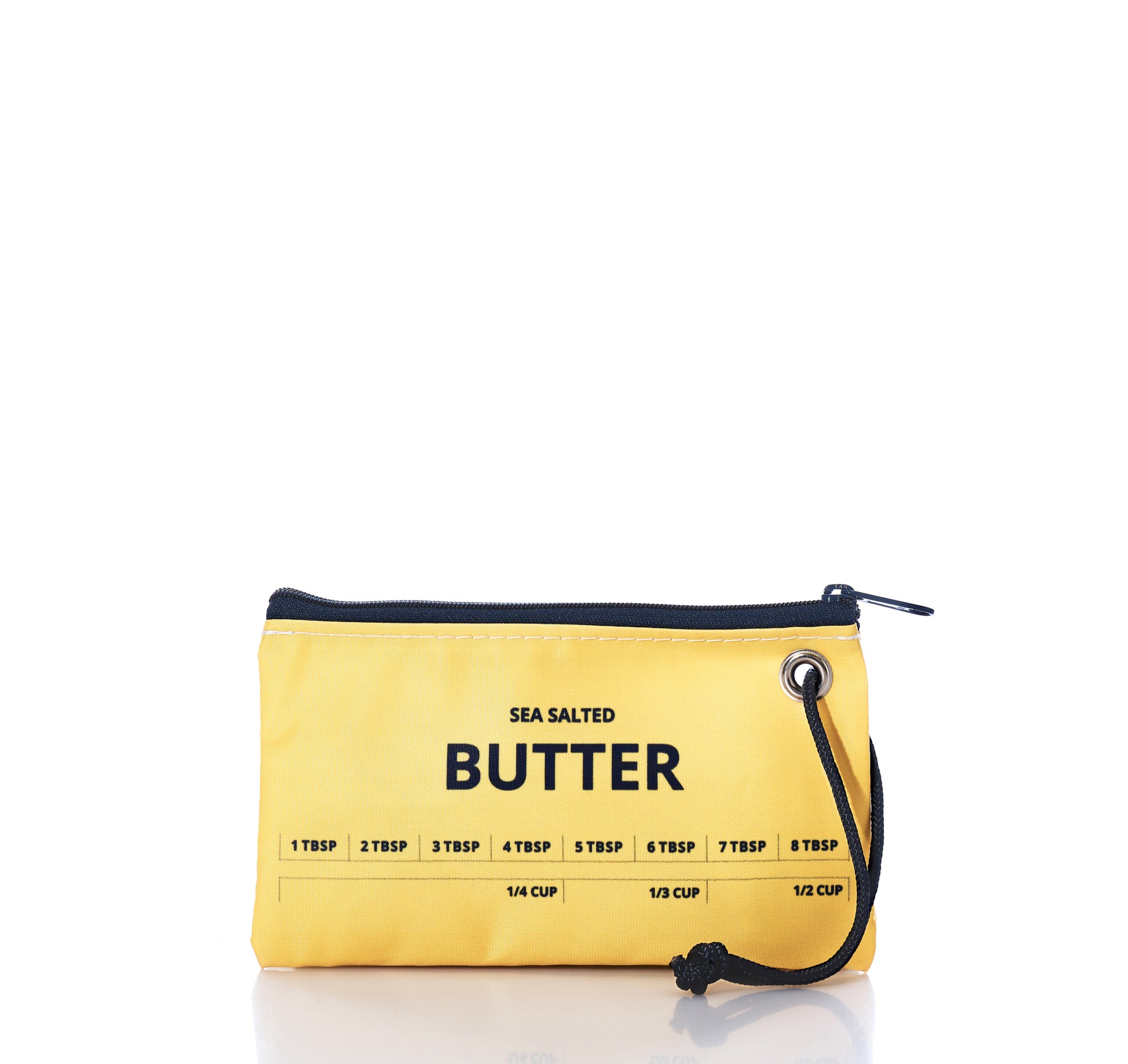 Yellow pouch with 'Sea Salted Butter' text and measurement markings on a white background