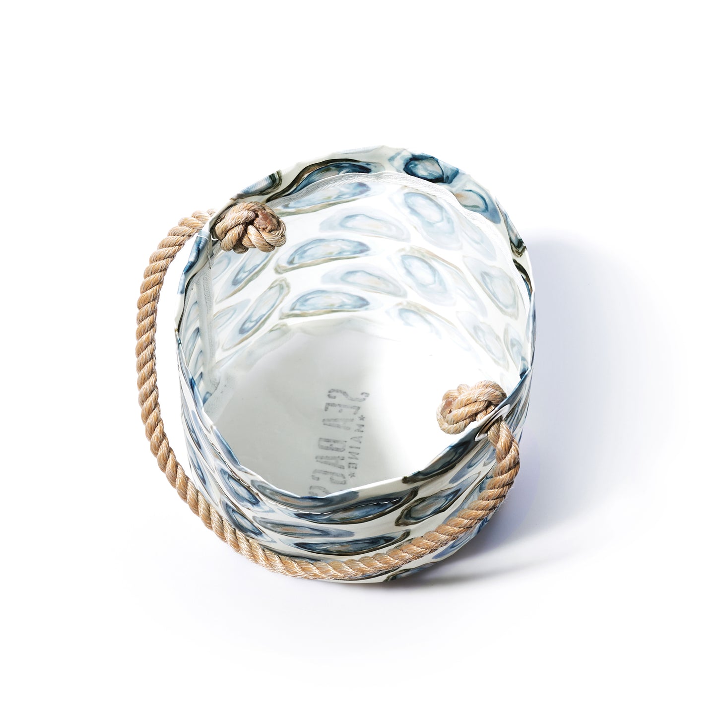 overhead picture of oyster shellfish  bucket bag, with rope handle 