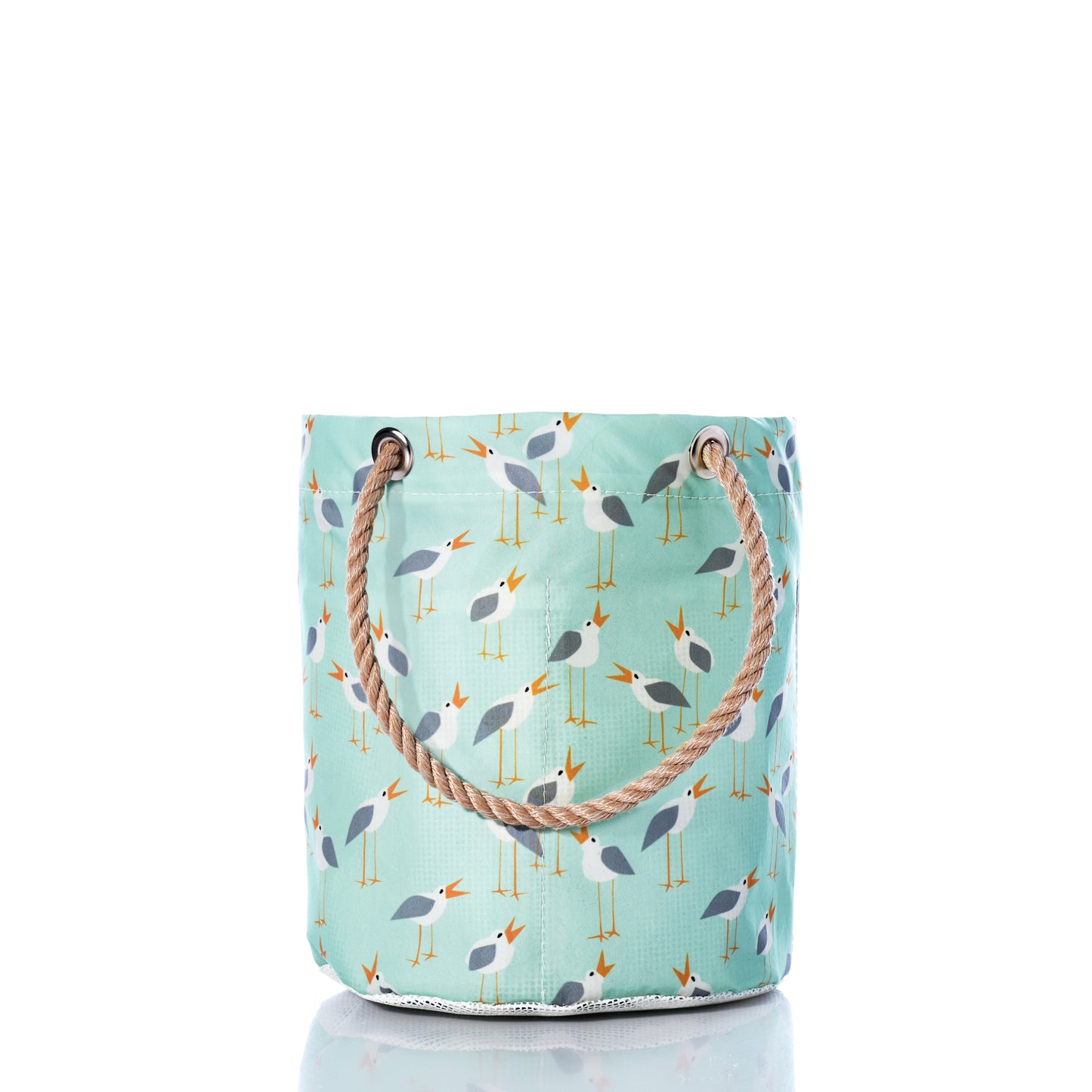 Bucket bag with sea gulls bird pattern and rope handle on a light blue background