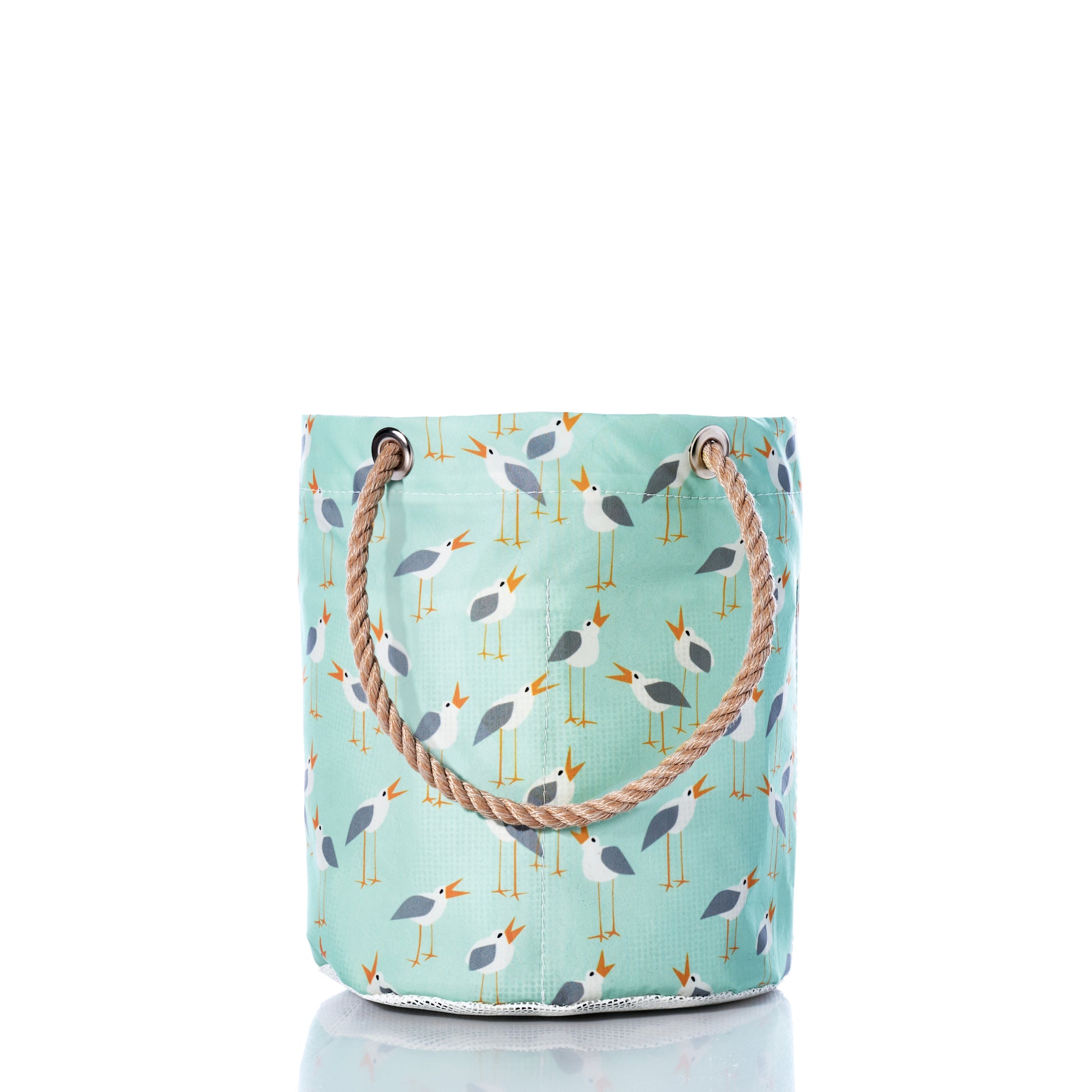 Bucket bag with sea gulls bird pattern and rope handle on a light blue background