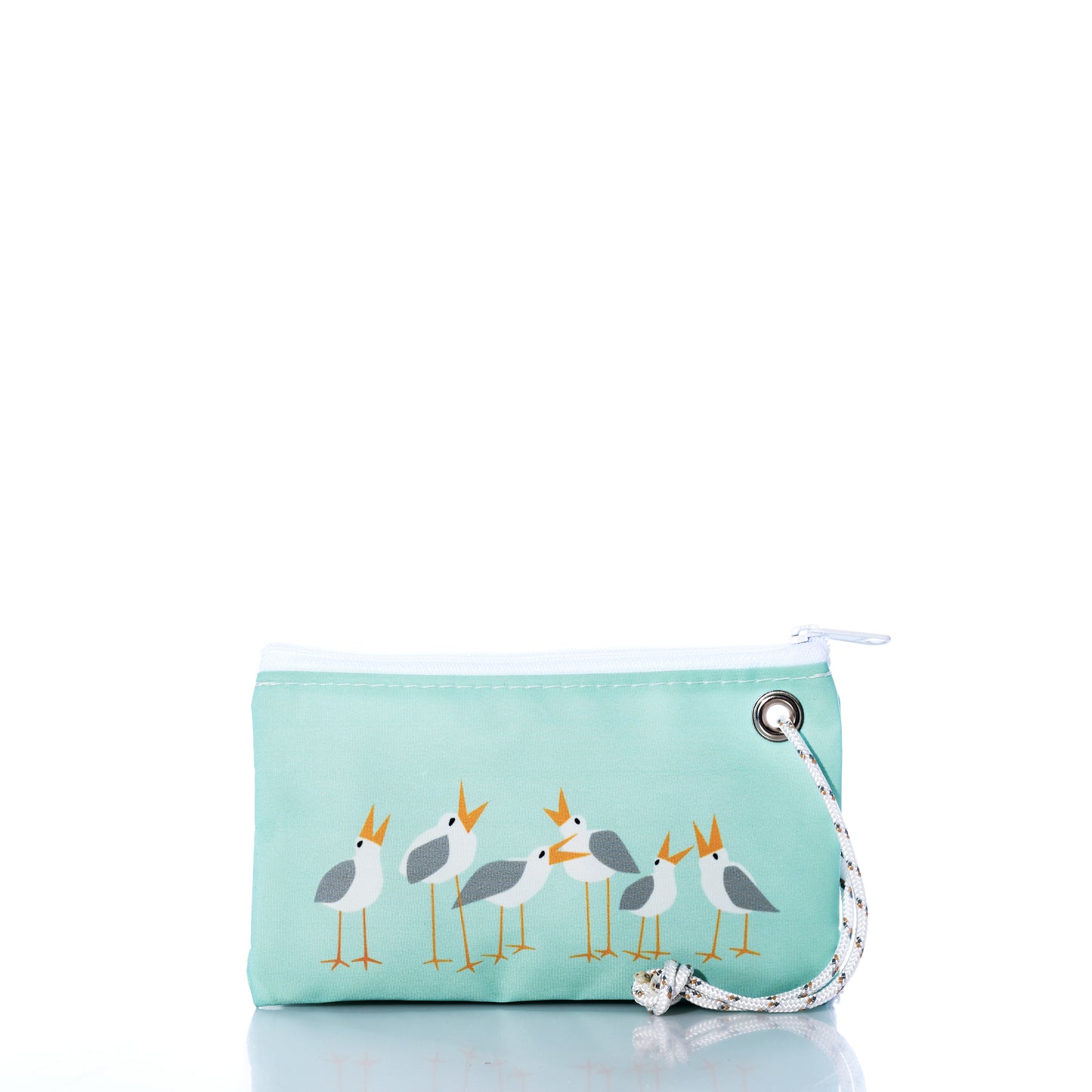 Light blue pouch with bird design on a white background