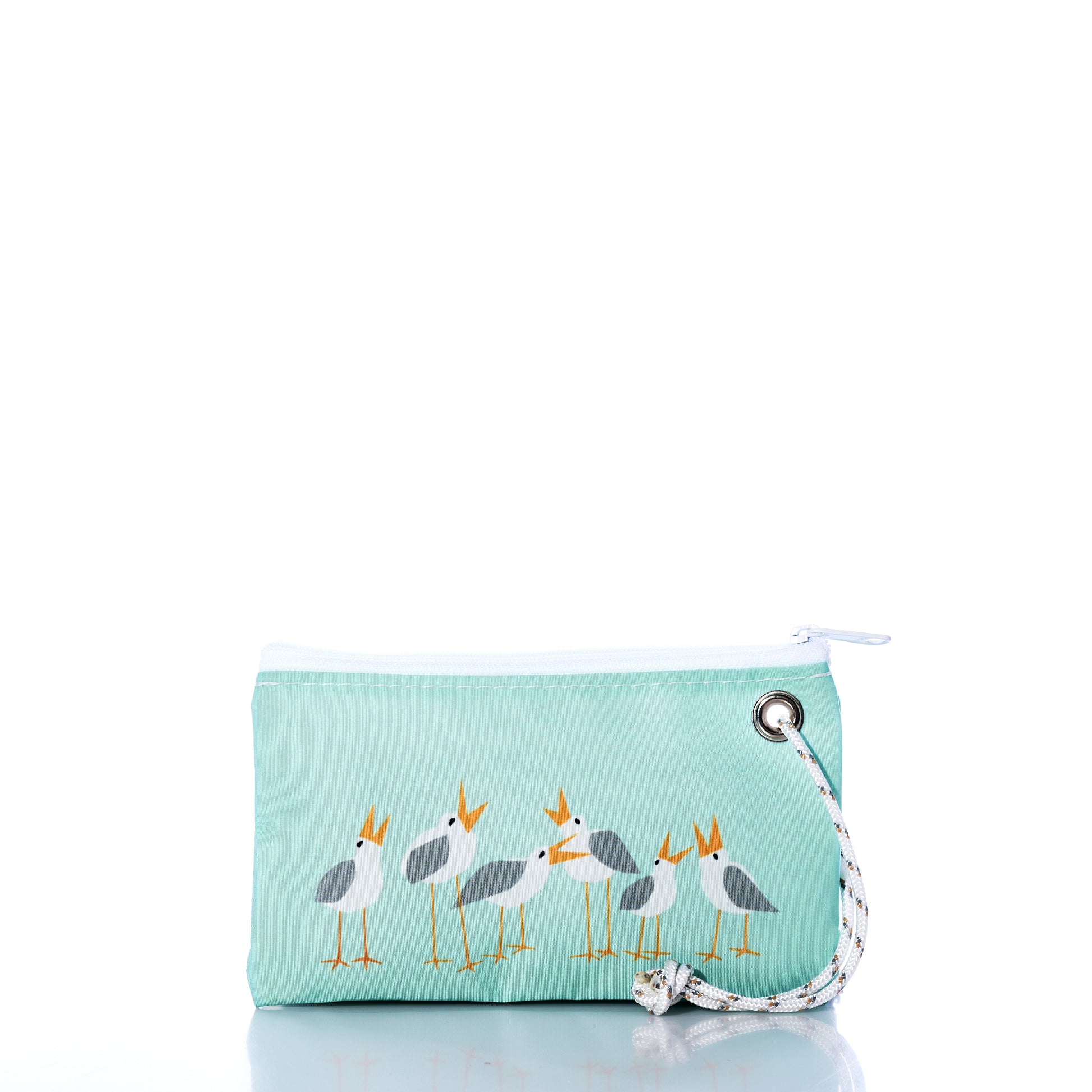 Light blue pouch with bird design on a white background