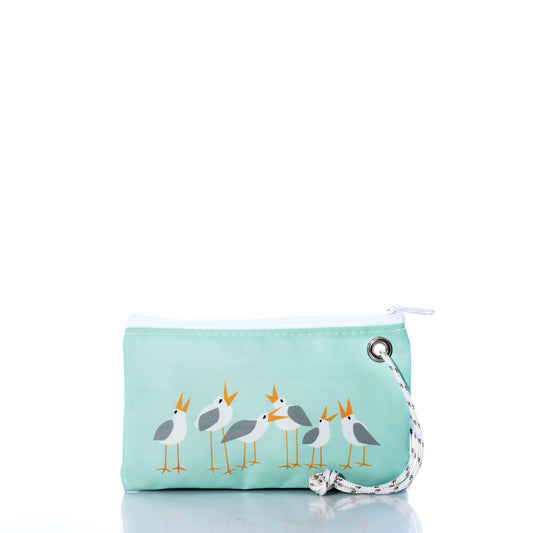 Light blue pouch with bird design on a white background