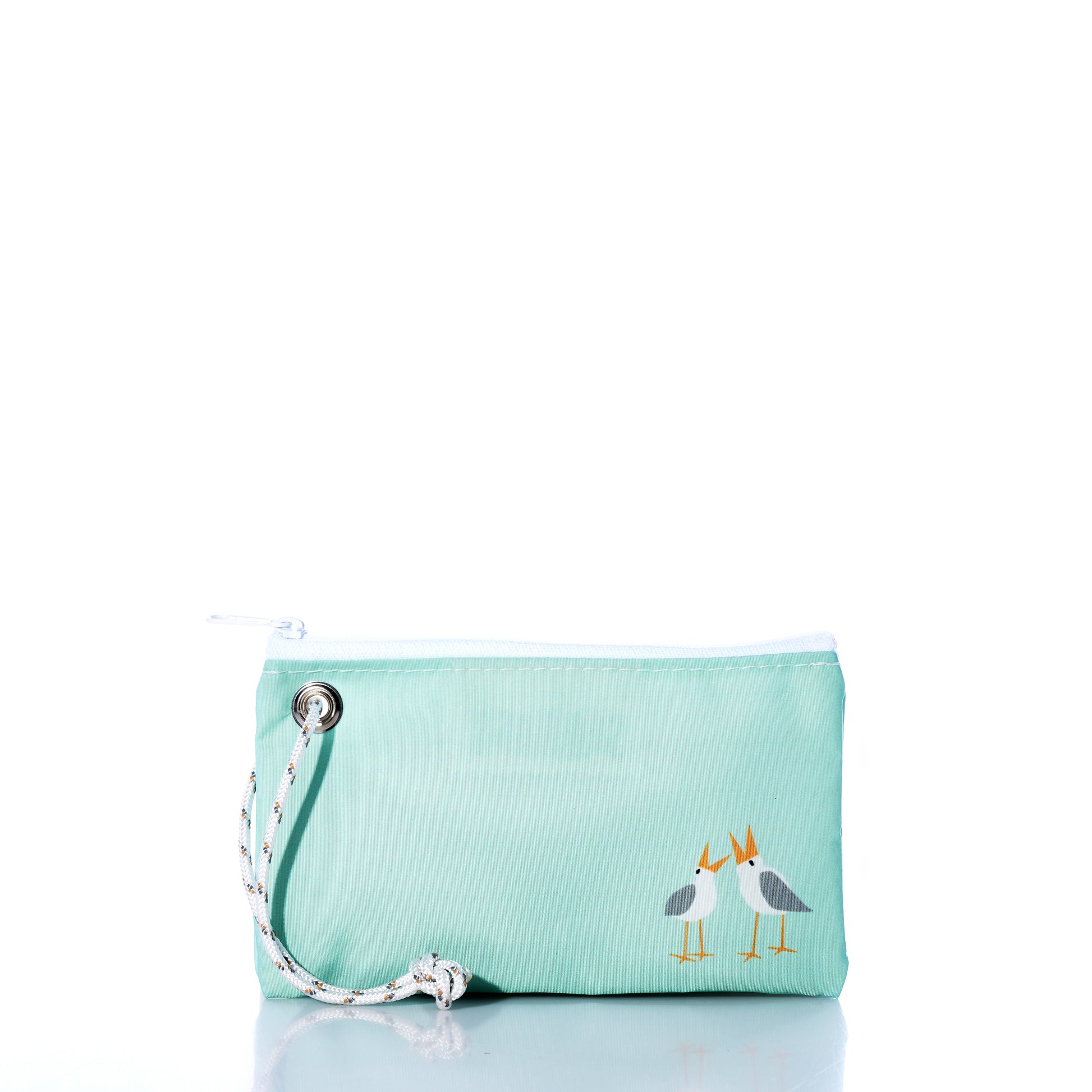 Mint green clutch bag with bird design on a white background