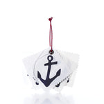 A stack of five square, white fabric Sail Cloth Gift Tag - Pack of 5 - Navy Anchor gift tags with pinked edges, each featuring a black anchor print and strung together with a red and blue cord.