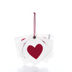 A stack of five heart-shaped Sea Bags Sail Cloth Gift Tag - Pack of 5 - Heart featuring red hearts and red and white cord loops.