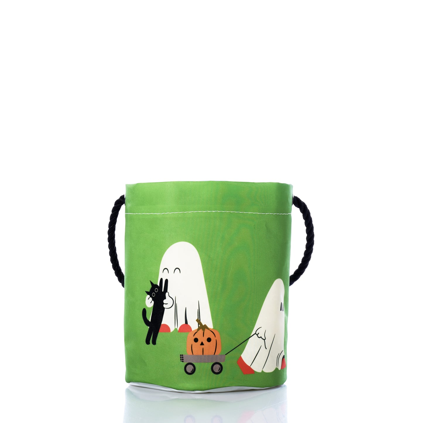 The Little Ghosts Bucket Bag by Sea Bags is a green canvas bucket bag made from recycled sail cloth, featuring black rope handles and decorated with cartoon ghosts, a black cat, and pumpkins on a wagon. It is photographed against a white background. by Sea Bags