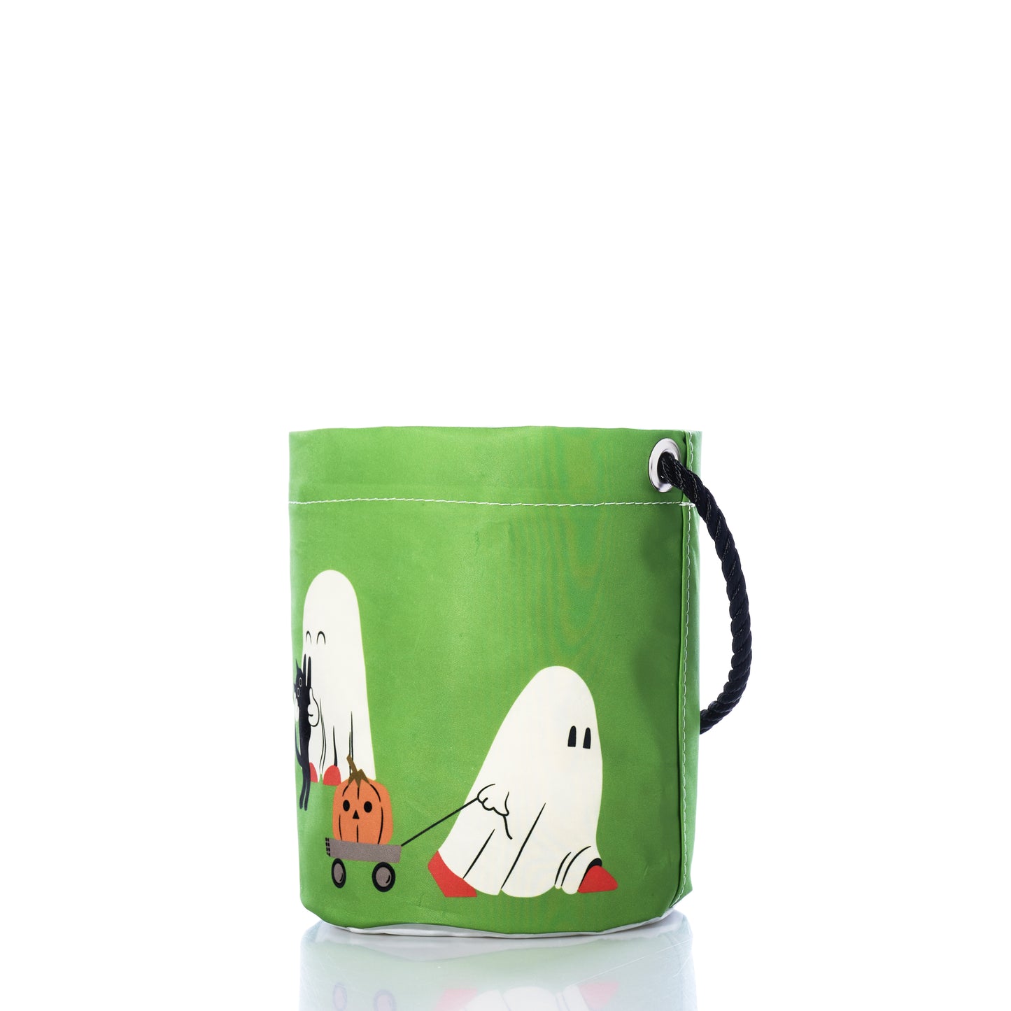 The Little Ghosts Bucket Bag from Sea Bags is crafted from recycled sailcloth and features a black rope handle. Decorated with playful cartoon ghosts—one pulling a wagon with a pumpkin and a black cat—this eco-friendly tote adds whimsical charm to any bag collection. by Sea Bags