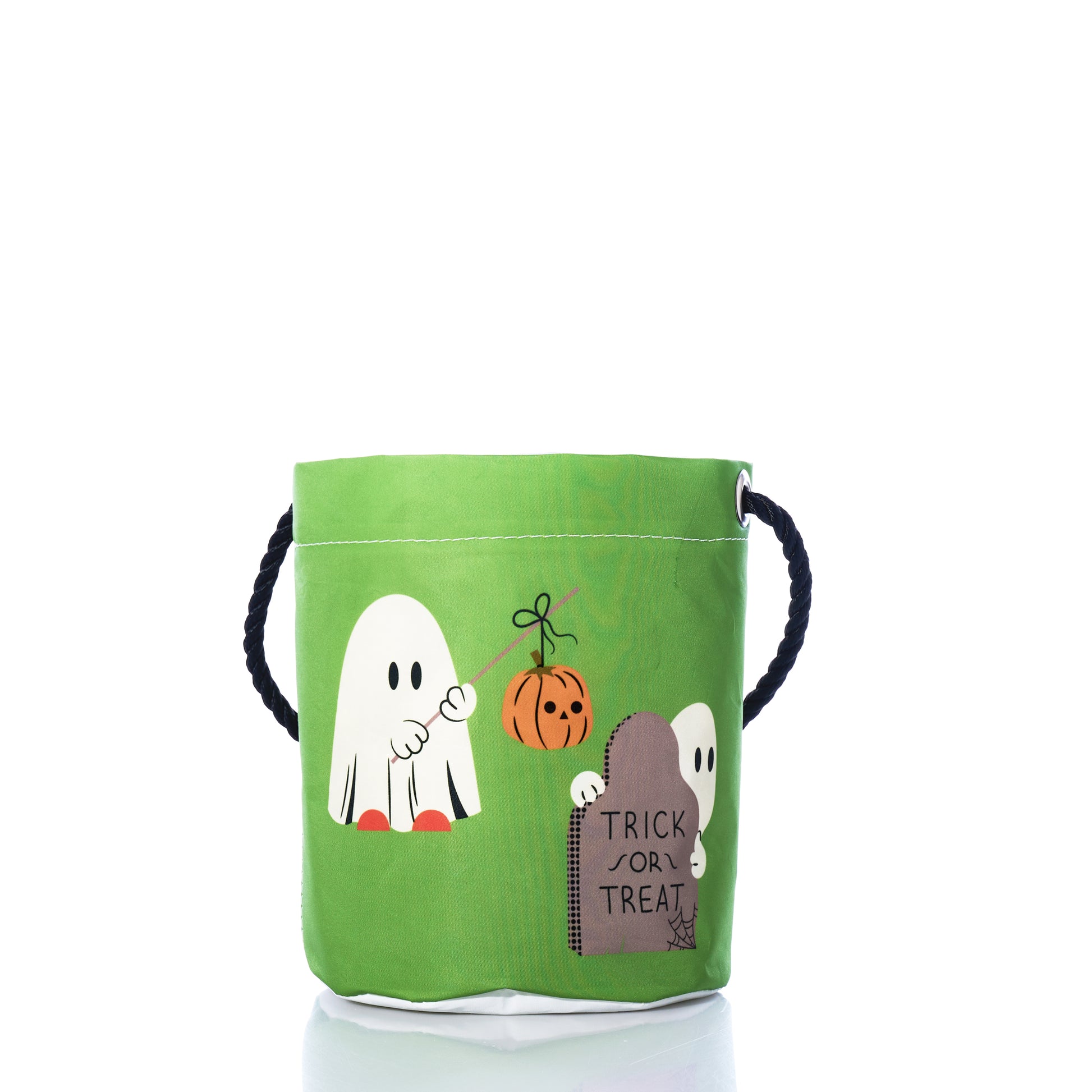 Sea Bags Little Ghosts Bucket Bag crafted from recycled materials, featuring a black handle and decorated with two cartoon ghosts, a jack-o-lantern, and a gravestone inscribed with Trick or Treat. by Sea Bags