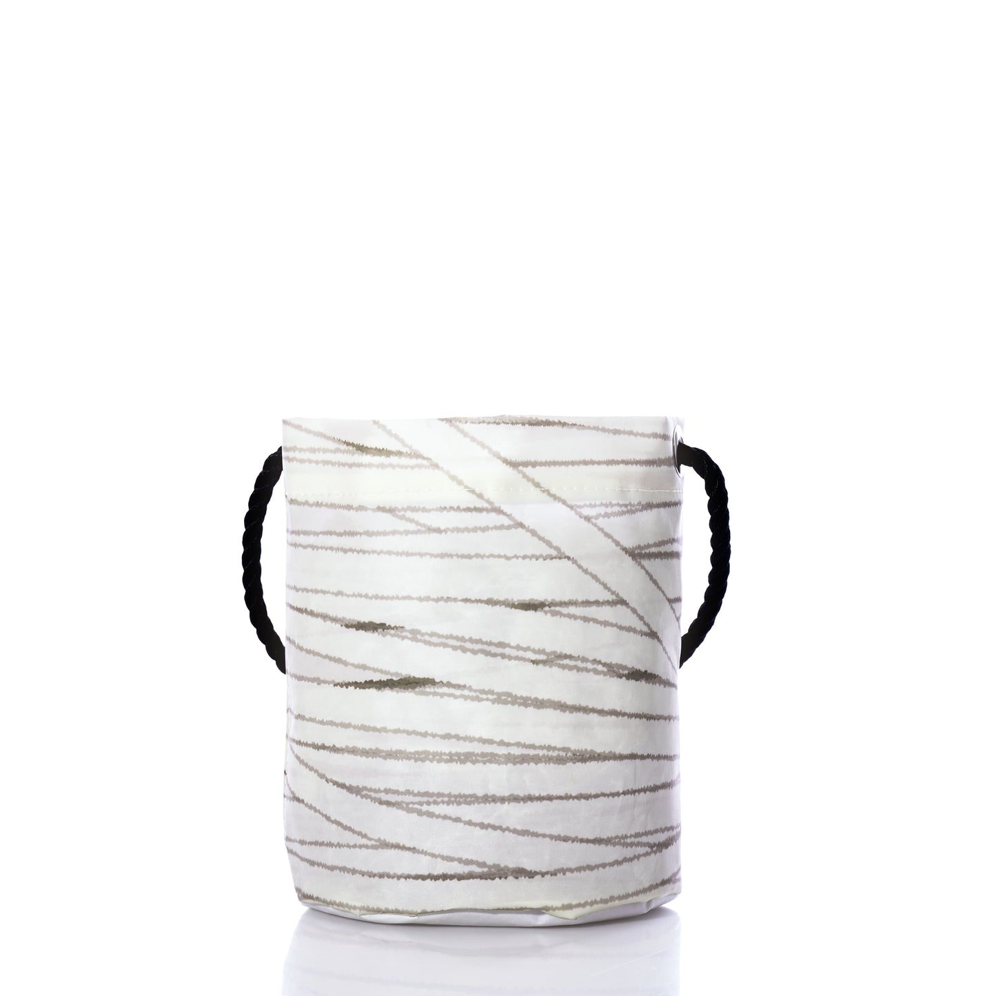 The Happy Mummy Bucket Bag by Sea Bags is a white basket crafted from sustainable sail cloth, featuring diagonal gray stripes and two black rope handles, shown against a white background. by Sea Bags
