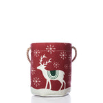 Scandinavian Holiday Bucket Bag in recycled sailcloth featuring a red base, white reindeer, green saddle, Scandinavian geometry snowflake pattern, and rope handles.