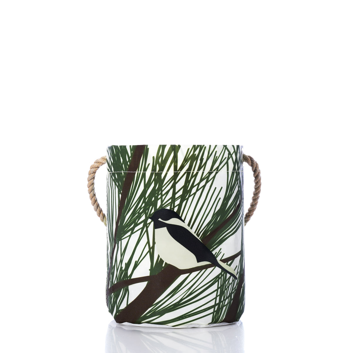 Maine Chickadee Bucket: a cylindrical recycled sailcloth bucket featuring a graphic of a chickadee perched on pine needles, with two twisted rope handles.