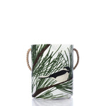 Maine Chickadee Bucket: a cylindrical recycled sailcloth bag with rope handles, featuring a chickadee perched on a pine branch for coastal holiday decor.