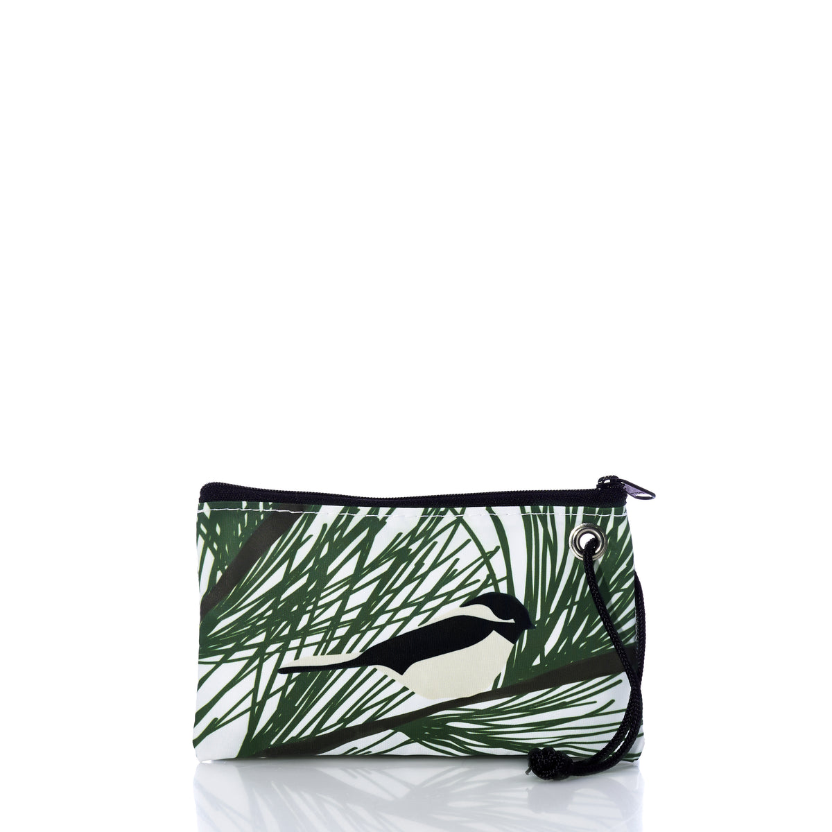 Maine Chickadee Wristlet made from recycled sailcloth, featuring a chickadee perched on pine needles.