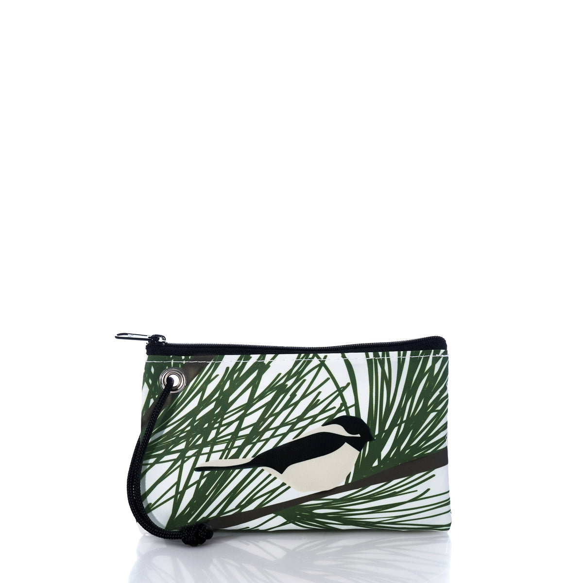 Maine Chickadee Wristlet, a rectangular zippered pouch made from recycled sailcloth featuring a chickadee perched on a pine branch.