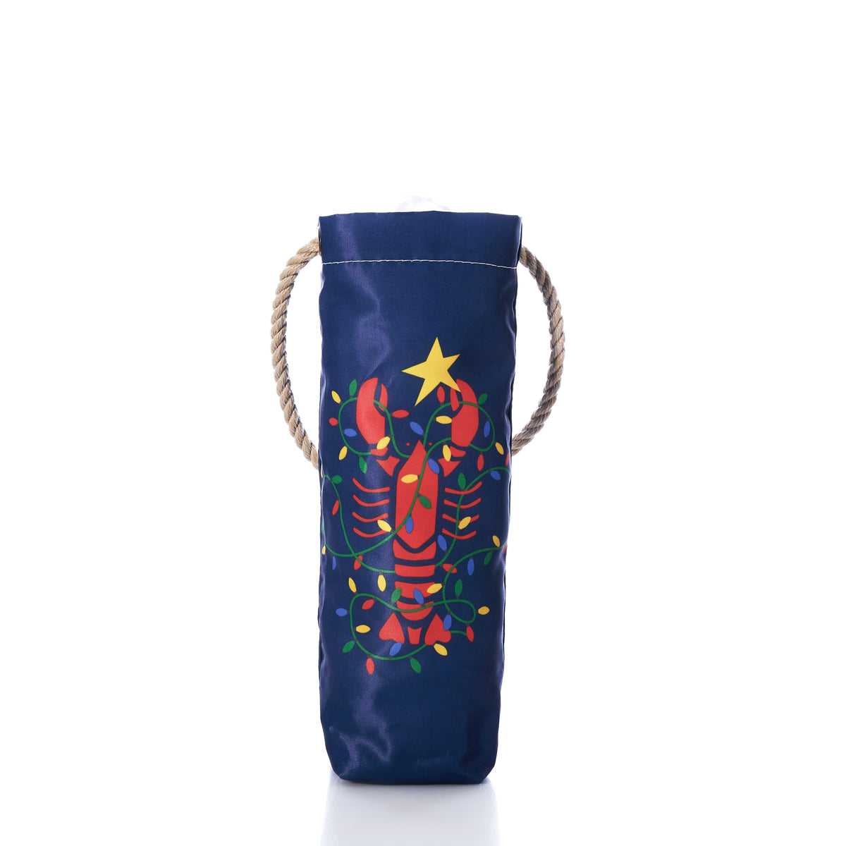 Sea Bags Lobster Lights wine bag in navy blue, featuring a red lobster wrapped in colorful holiday lights with a yellow star above it and rope handles.