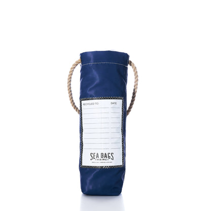 Blue recycled sail cloth Sea Bags Lobster Lights Wine Bag with rope handles and a white label printed with “RECYCLED TO,” “DATE,” and a brand logo.