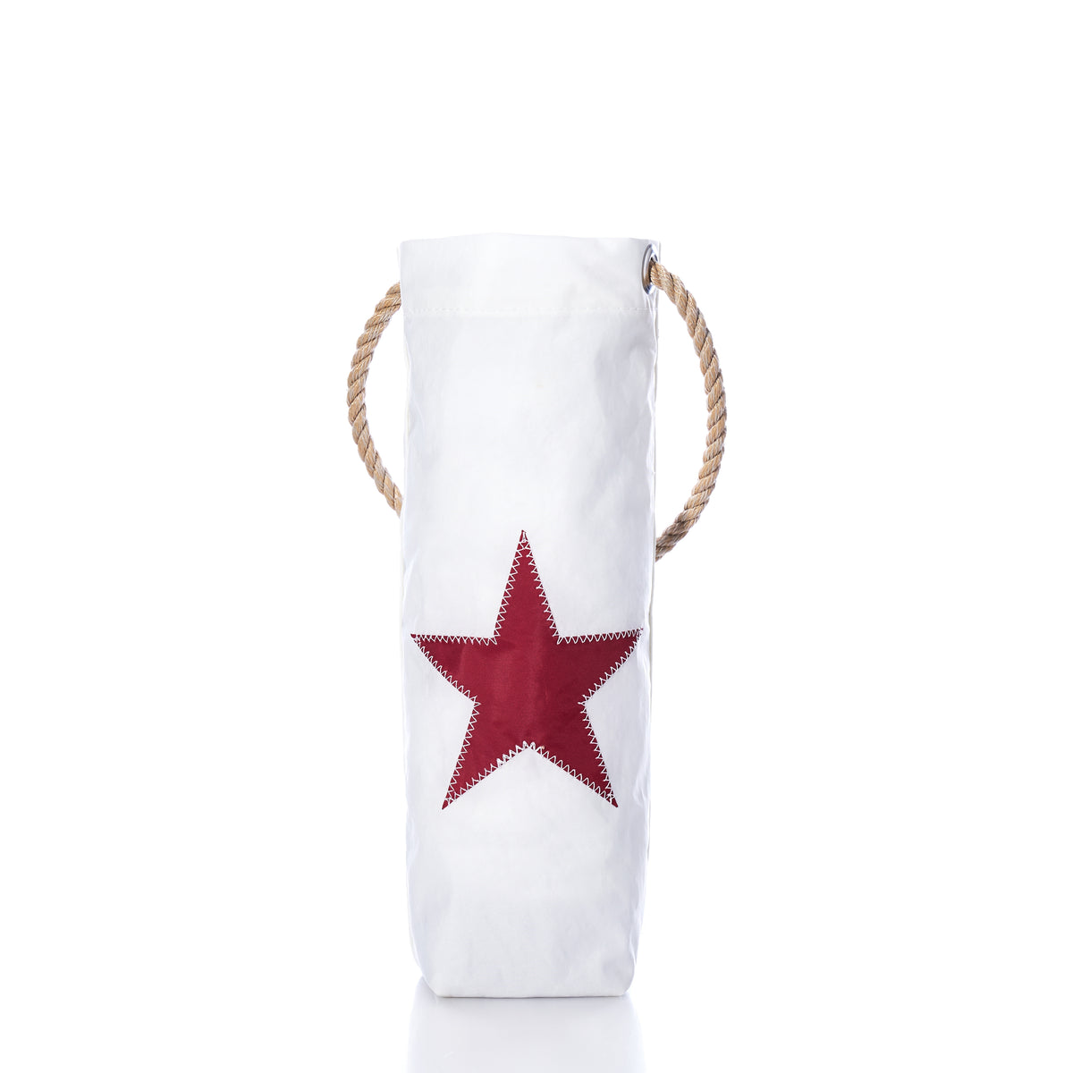 Red Star Wine Bag, a white cylindrical bag made from repurposed sails with a red stitched star and rope handles.
