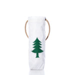 Sea Bags Pine Tree Wine Bag, a white cylindrical tote featuring a green appliquéd pine tree and thick rope handles.
