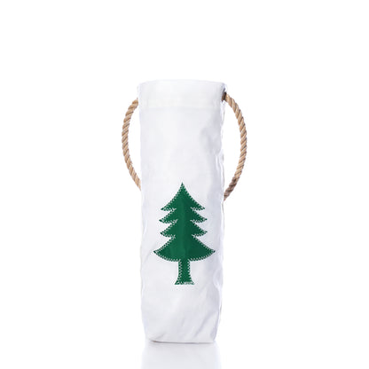 Sea Bags Pine Tree Wine Bag, a white cylindrical tote featuring a green appliquéd pine tree and thick rope handles.