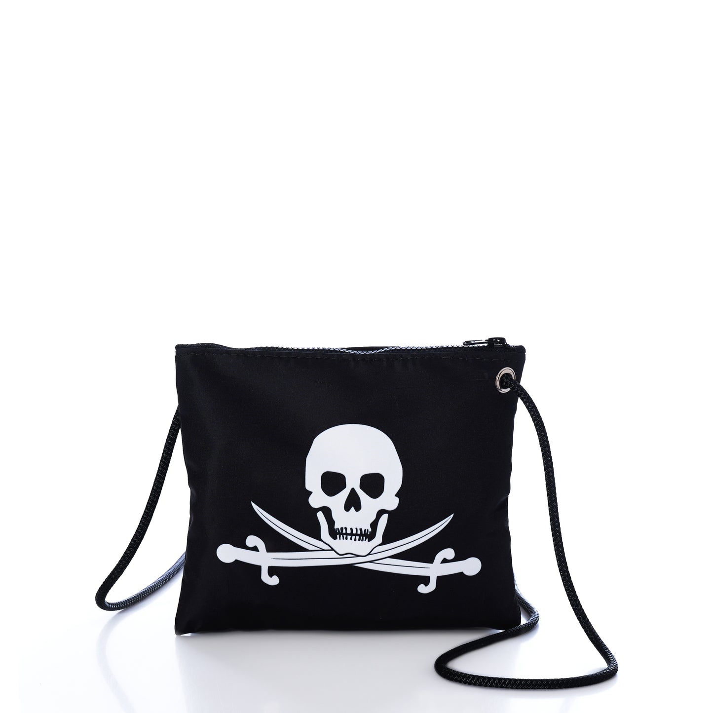 Sea Bags Jolly Roger Slim Crossbody—a black zippered pouch made from recycled sailcloth, featuring a rope strap and a bold white skull and crossed swords graphic on the front, shown against a white background. by Sea Bags