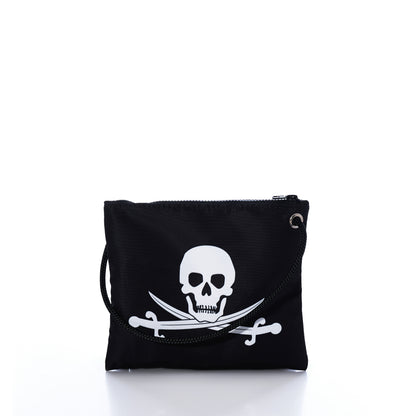 Introducing the Jolly Roger Slim Crossbody by Sea Bags—a compact black zippered pouch made from sustainable sailcloth, showcasing a bold white skull and crossed swords motif on the front. The bag is photographed against a white background. by Sea Bags