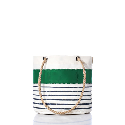 Sea Bags’ Green-on-Navy Mariner Stripe Essential Handbag is a practical and stylish tote, featuring navy blue horizontal stripes, a green band near the top, and rope handles—all crafted from durable recycled sail cloth.