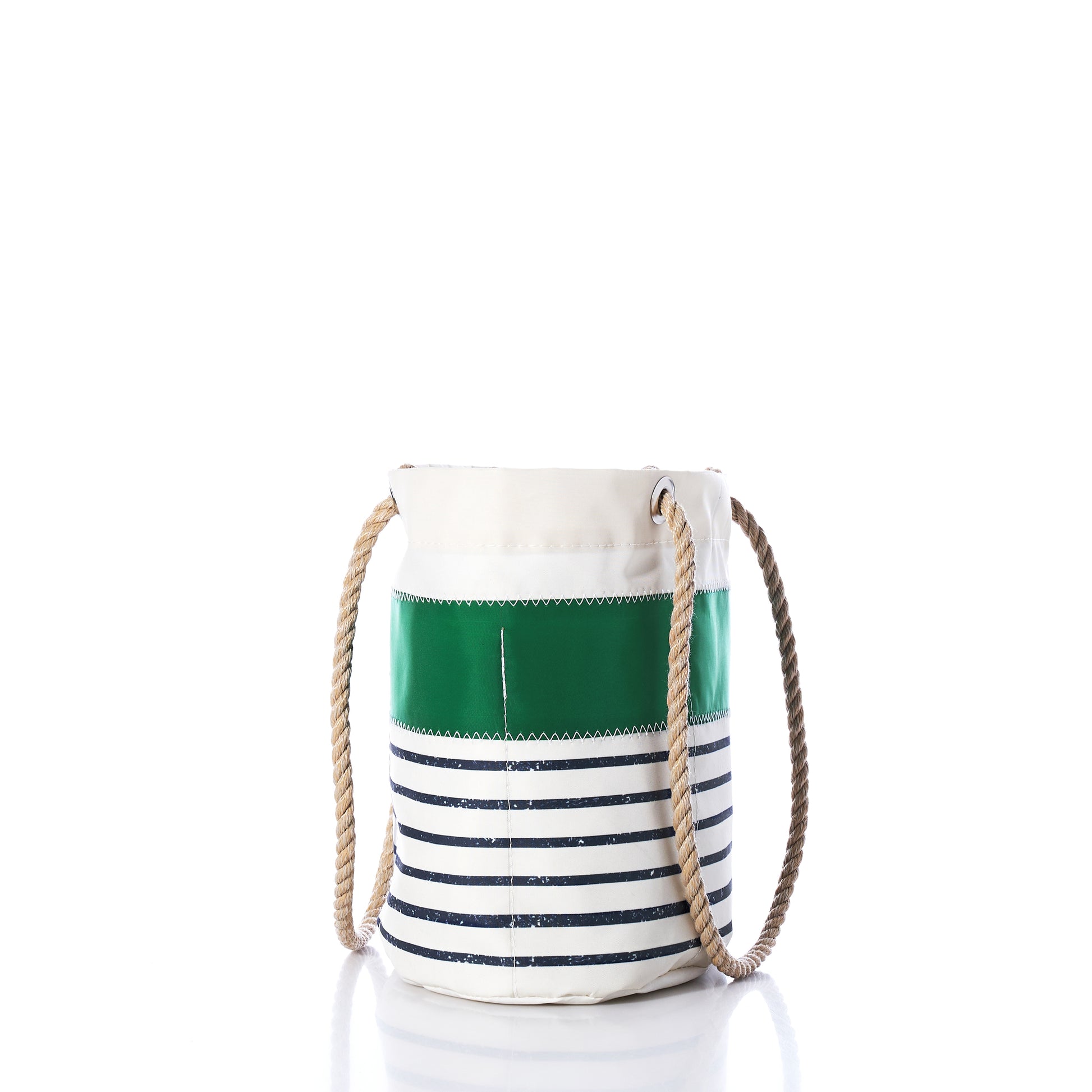 Introducing the Sea Bags Green-on-Navy Mariner Stripe Essential Handbag—a stylish and lightweight canvas bucket bag featuring sturdy rope handles, a distinctive green stripe near the top, and classic navy blue horizontal stripes along the base, all set against a crisp white background for versatile everyday use.