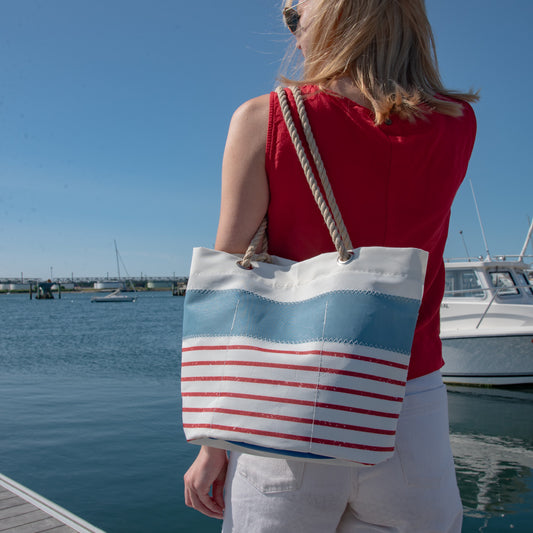 Denim Blue-on-Red Mariner Stripe Essential Handbag