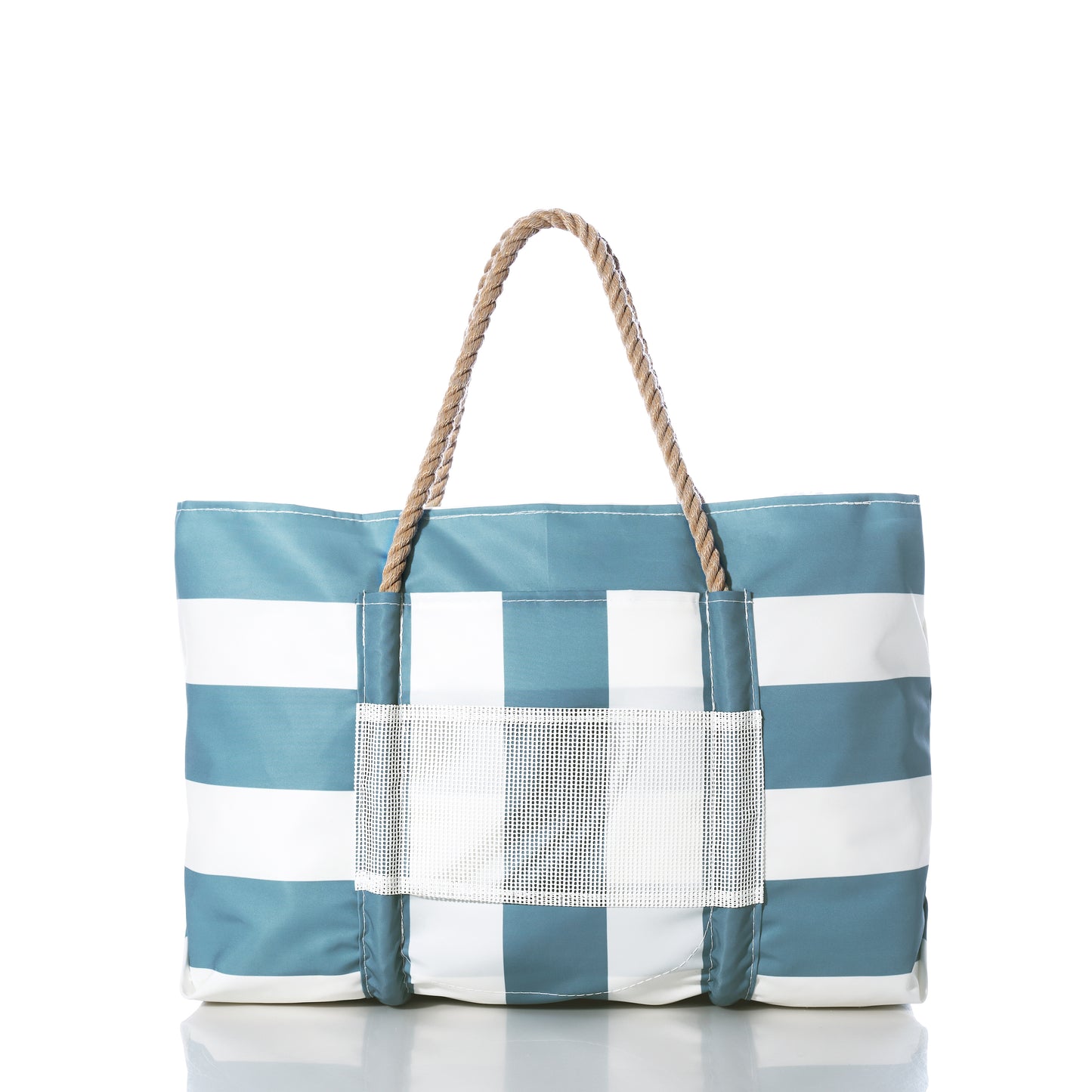 The Denim Blue Trolley Sleeve Travel Pier Tote by Sea Bags is crafted from recycled sailcloth and features a blue and white checkered design, rope handles, a mesh front pocket, and a convenient trolley sleeve—all showcased against a white background. by Sea Bags