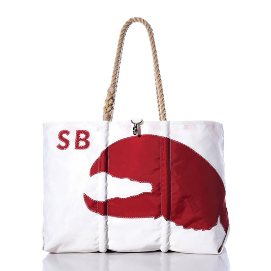 Sea Bags’ Custom Monogram Red Lobster Claw Large Tote is a white bag with rope handles, crafted from recycled sailcloth and featuring a bold red lobster claw design with your initials in the upper left corner—a unique, personalized gift for any occasion.