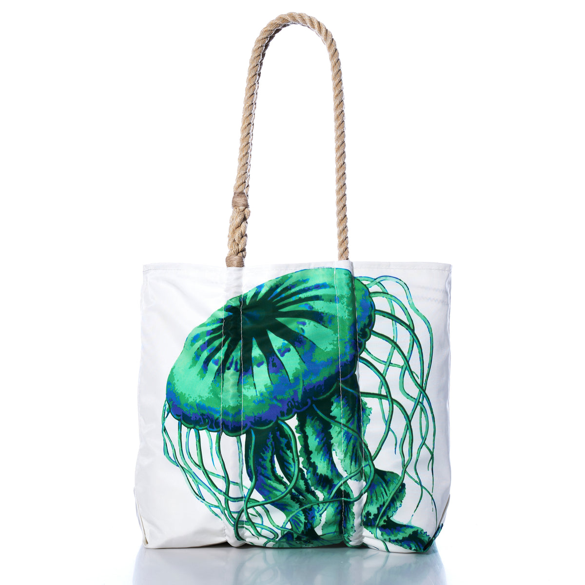 Jellyfish Medium Tote in white canvas featuring a green and blue jellyfish design and rope handles.