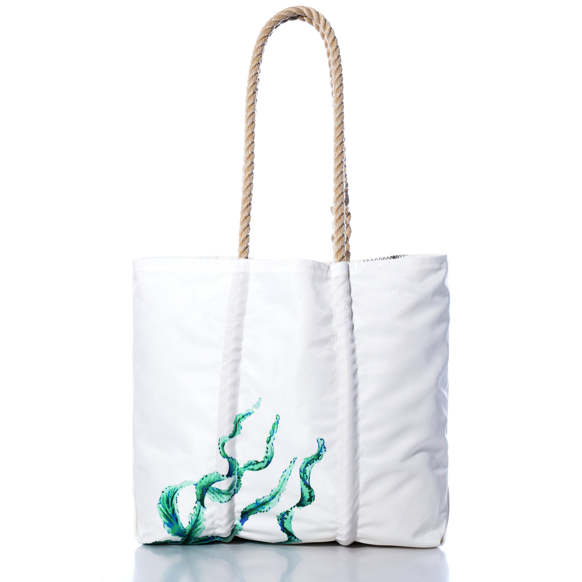 White Jellyfish Medium Tote bag by Sea Bags with rope handles and a blue and green jellyfish design on the front.
