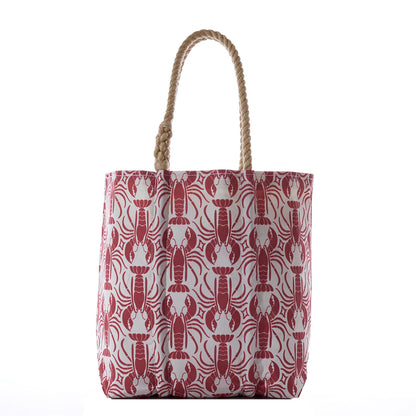 Red Lobster Medallion Medium Tote by Sea Bags featuring a red and white repeating lobster pattern and braided rope handles.