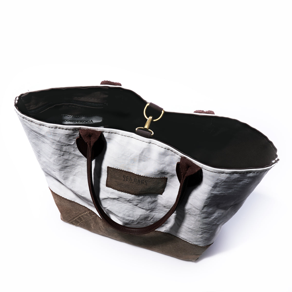 A gray and brown vintage sail cloth Heritage Ticonderoga Medium Tote with brown handles and a gold-toned metal closure.