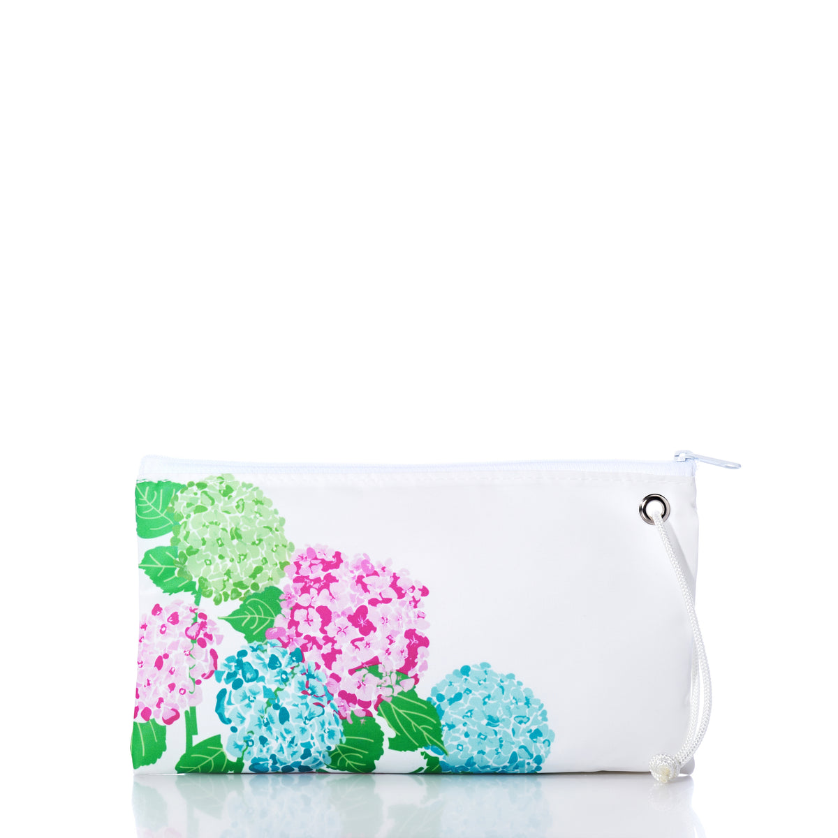 Sea Bags 2026 Hope In Bloom Large Wristlet in white sustainable sailcloth with a pattern of green, pink, and blue hydrangea flowers and leaves.