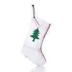 Sea Bags Pine Tree Stocking with Personalized Sail Cloth Tag featuring a green pine tree appliqué and a personalized sailcloth tag reading “Benjamin” crafted in Maine.