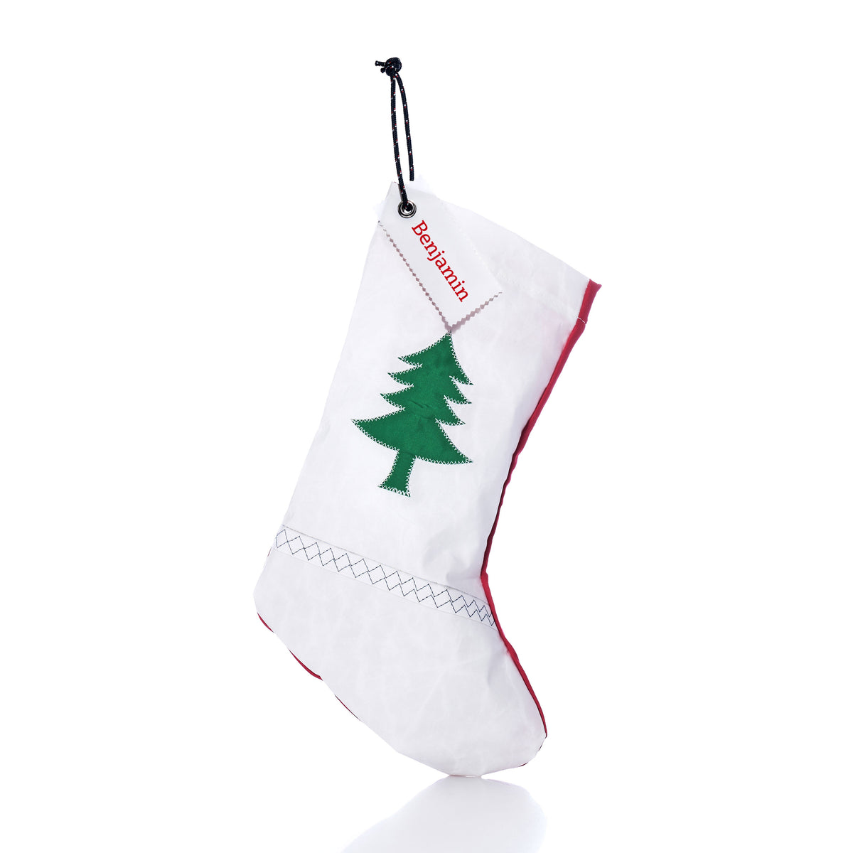 Sea Bags Pine Tree Stocking with Personalized Sail Cloth Tag featuring a green pine tree appliqué and a personalized sailcloth tag reading “Benjamin” crafted in Maine.