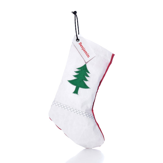 Sea Bags Pine Tree Stocking with Personalized Sail Cloth Tag featuring a green pine tree appliqué and a personalized sailcloth tag reading “Benjamin” crafted in Maine.
