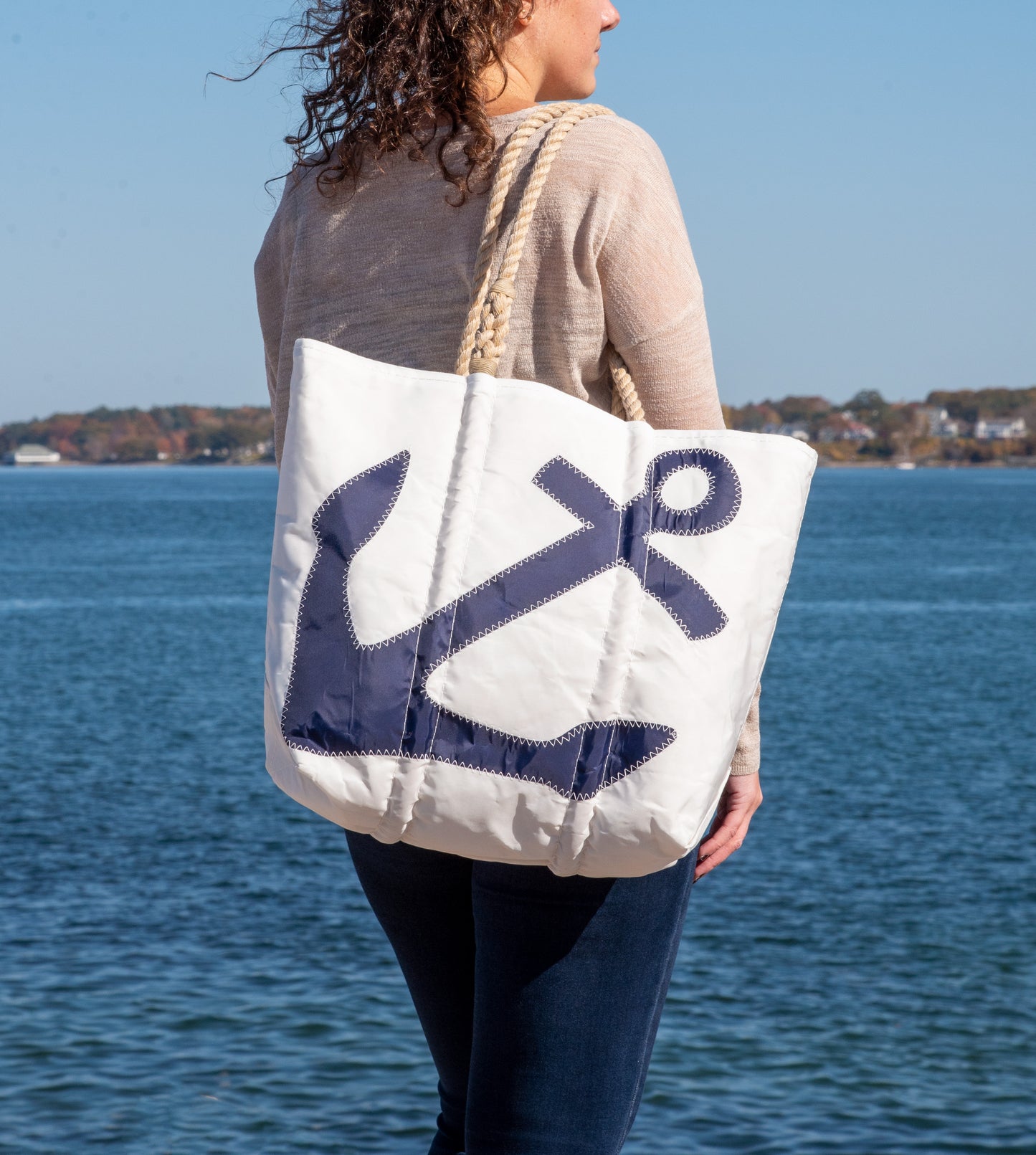 Navy Anchor Medium Tote with Hemp Rope