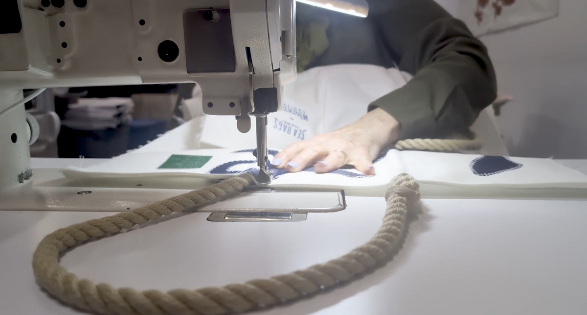 Sewing a sea bag with hemp rope and sail cloth