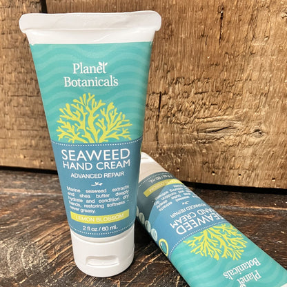 A tube of Planet Botanicals Seaweed Hand Cream 2 oz is placed upright on a wooden surface, with another tube of this luxurious coastal hand cream lying beside it—crafted in Maine with nourishing seaweed skincare ingredients.