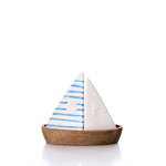 salt and pepper shakers ceramic sailboat sails on wood tray seaside nautical coastal cottage style
