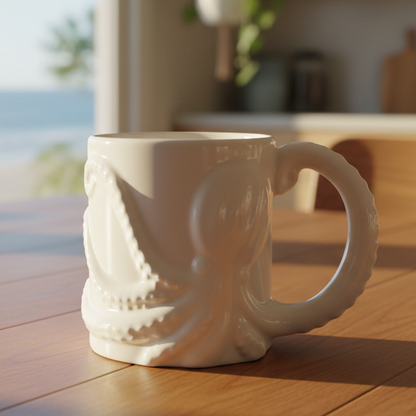 A White Octopus Mug by Batela USA Inc rests on a wooden table in a sunlit room overlooking the beach. by Sea Bags