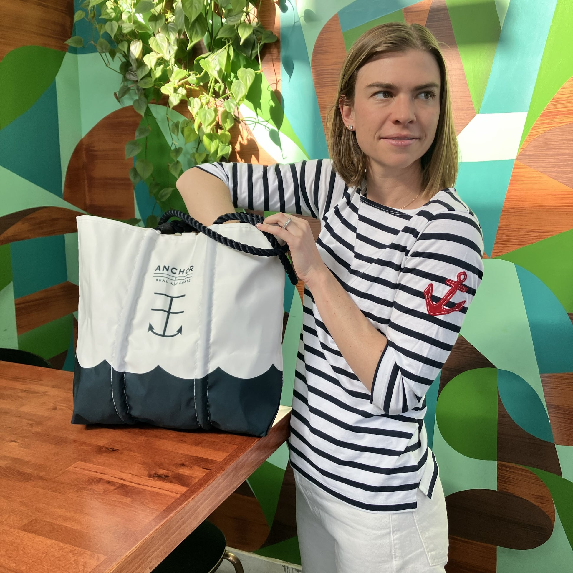 women's cotton striped shirt nautical sailor stripes and anchor design tote bag