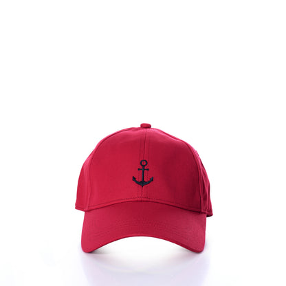 The Anchor Baseball Hat - Red by Batela USA Inc features an embroidered anchor emblem, ideal for nautical outings, shown on a plain white background.