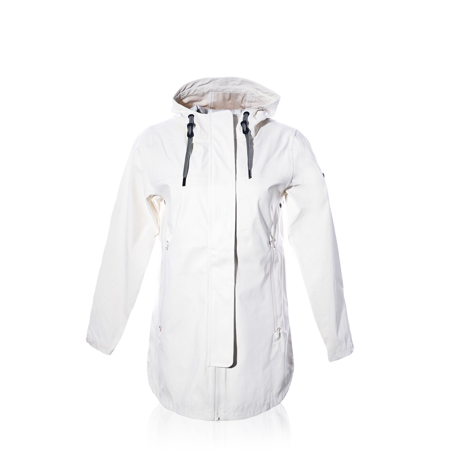 White raincoat with a hood on a white background
