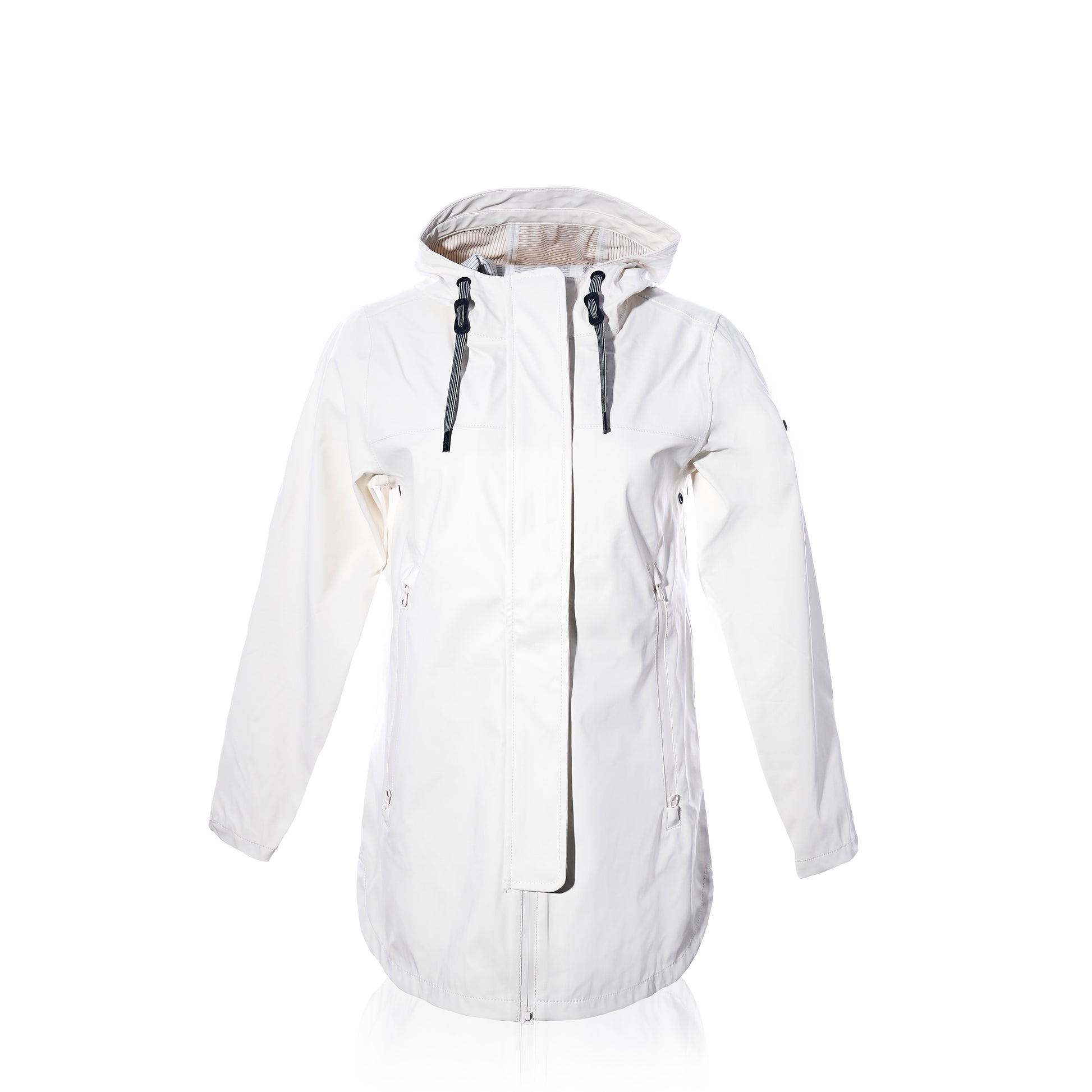 White raincoat with a hood on a white background